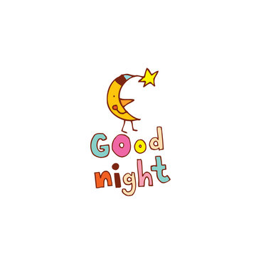 good night hand lettering design with moon character
