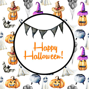 Card template, circle frame on watercolor Halloween background, hand painted on a white background