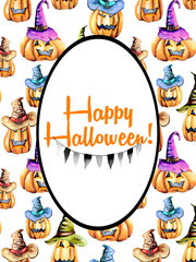 Card template, oval frame on watercolor Halloween pumpkins background, hand painted on a white background
