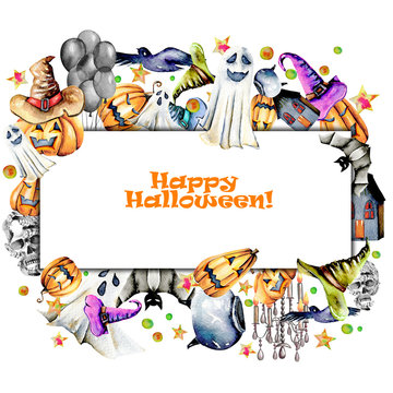 Card template, frame from watercolor Halloween objects (pumpkins in old hats, spooks, skull, pot and other), hand painted on a white background