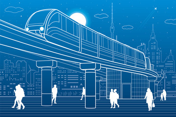 Monorail railway. Train move over the flyover. Modern night city at back. Futuristic urban and transport illustration. Airplane fly. White lines on blue background, vector design art