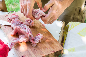 Man's hands cutting and disjointing raw rabbit meat. Preparing ingredients for cooking paella jambalaya, barbecue. Outdoor picnic, weekend, summer. Lifestyle.