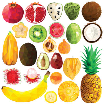 Exotic fruit set colorful low poly designs isolated on white background. Vector edible food illustration. Collection of full and cut in half tropical plants in modern style. Organic raw wild fruits. 
