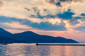 Beautiful sunset in the Limenas on the island of Thassos. Copyspace included.