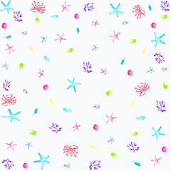 The water colored sea pattern on the white background. Hand-painted sea elements are composed in the wallpaper. Multicolored crabs, corals, stones, starfishes. 