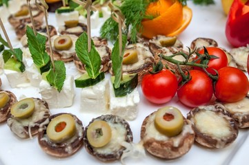 Fototapeta na wymiar Cheese, meat and fruits served during food catering