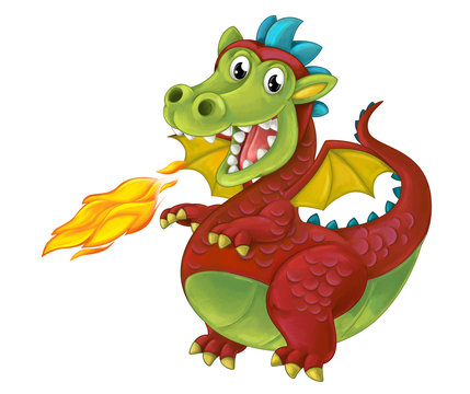 cartoon funny looking dragon bursting with fire - isolated - illustration for children