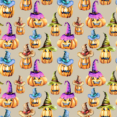Seamless pattern with watercolor Halloween pumpkins in old hats, hand painted isolated on a grey background