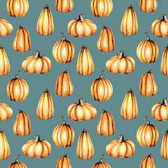 Seamless pattern with watercolor pumpkins, hand painted isolated on a dark blue background