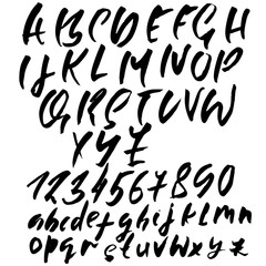 Hand drawn dry brush font. Modern brush lettering. Grunge style alphabet. Vector illustration.