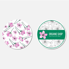 Blooming apple flower hand drawn vector colorful sketch isolated on background, seamless floral pattern decorative pink sakura texture, template label layout design for beauty salon, cosmetic, package