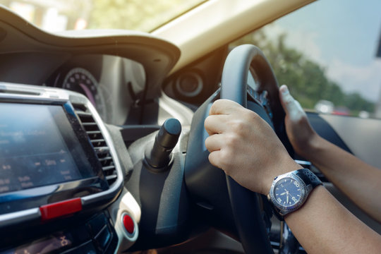 people drive car travel road trip, hand man holding control steering wheel