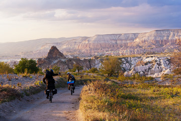 Obraz premium View of the Uchisar valley and the city of Goreme. Cave towns. Cappadocia, Turkey.