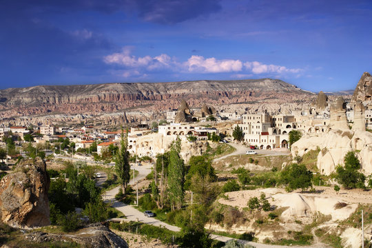 View of the Uchisar valley and the city of Goreme. Cave towns. Cappadocia, Turkey.