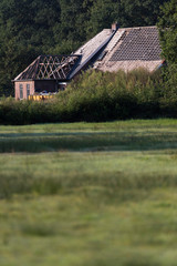 Old farmhouse under construction. Standing between reed and trees.