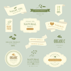 set of natural label and organic label green color. vintage labels and badges design.