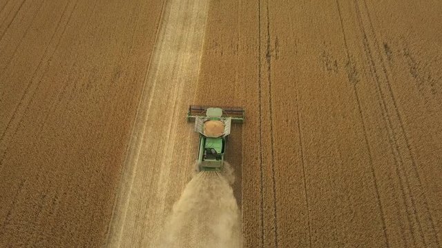 Aerial top view of agricultural harvester machinery. Harvest season 