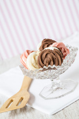 Chocolate Vanilla Strawberry Cookies In Antique Glass Bowl