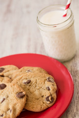 Chocolate Chip Cookies and Milk on Red Plate