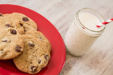 Red Plate of Cookies and Glass of Milk