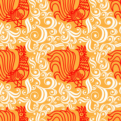 Rooster seamless pattern in folk style. Vector illustration.