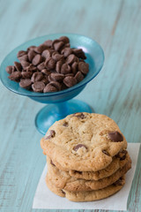Chocolate Chip Cookies Stack with Chips in a Bowl