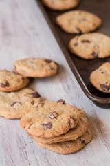 Chocolate Chip Cookies In A Row and On Cookie Sheet
