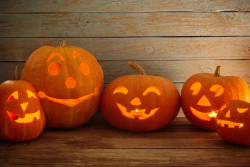 pumpkins on wooden background with copy space