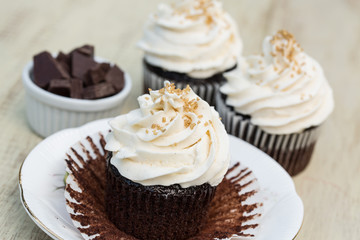Chocolate Cupcakes With Vanilla Frosting and Pieces