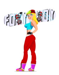 Fototapeta na wymiar Cartoon girl character with snowboard. Vector illustration.