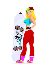 Cartoon girl character with snowboard. Vector illustration.