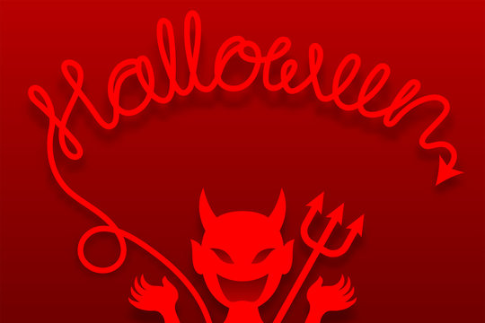 Devil monster with fork concept design and halloween text made from tail illustration isolated on red gradient background, with copy space