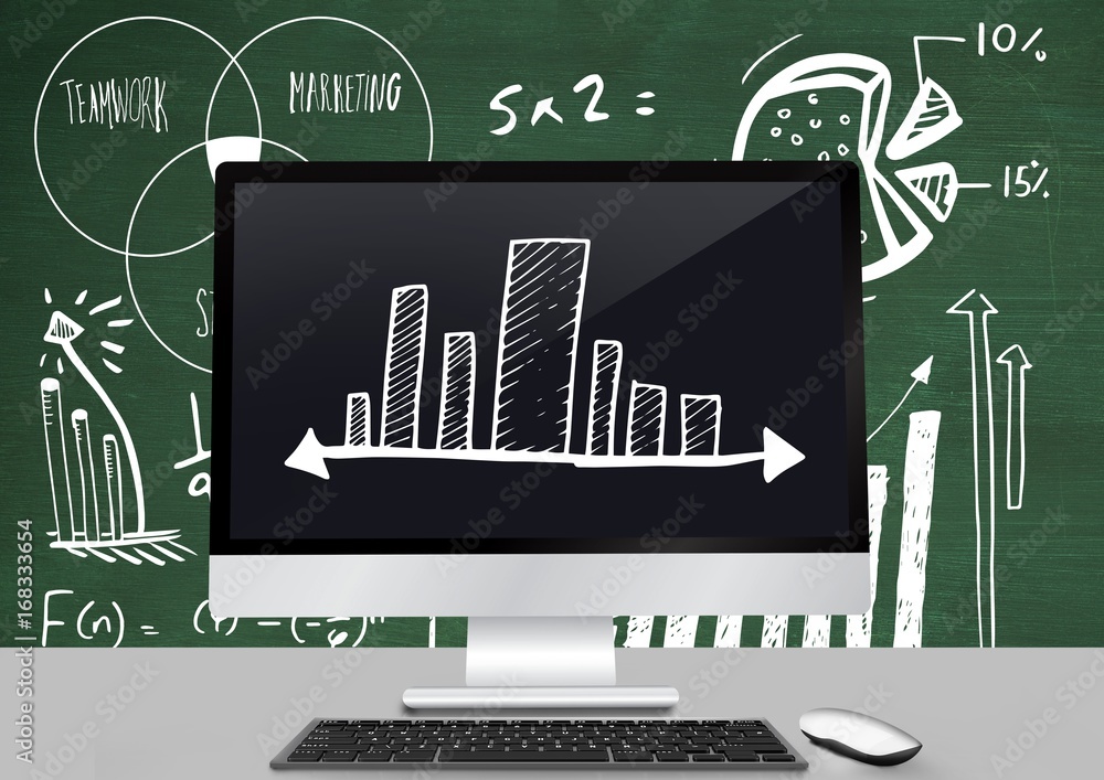 Poster Incremental bar charts on computer in front of blackboard with d