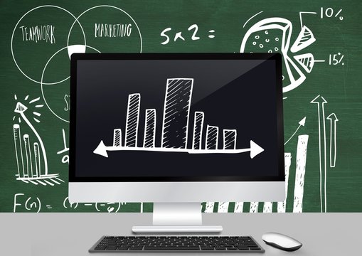 Incremental bar charts on computer in front of blackboard with d