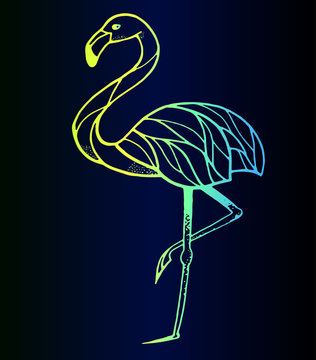 Bright neon sketch of a flamingo bird - exotic bird on a blue gradient background.