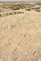 Rocky deserted landscape with ancient dot carvings at Jebel Jassassiyeh site in Northern Qatar.