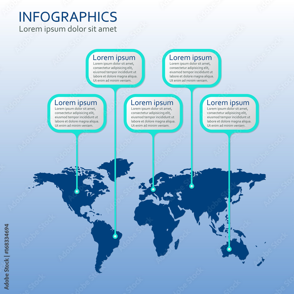 Poster world map infographics template with step by step pointers. information and infographics design elem