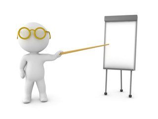 3D Character pointing on a small whiteboard - obrazy, fototapety, plakaty