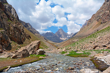 Landscape of fast mountain river with stony bottom