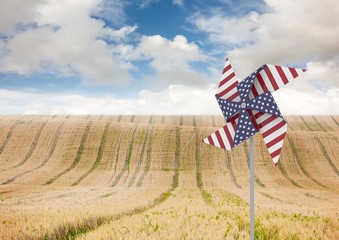 USA wind catchers in front of country crop field and sky