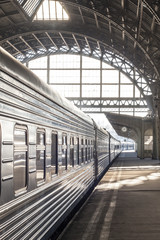 Train carriage close-up. Departure on train station. 