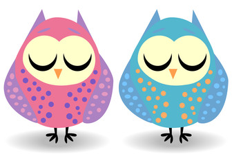 A pair of owls with closed eyes, sleeping in speckles. Drawing for a cup, decoration, postcard. Pastel shades