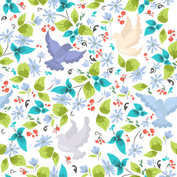 pattern with colorful doves and flowers