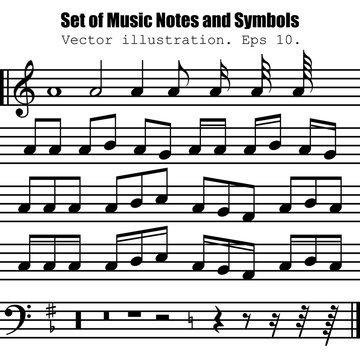 Set of many various black notes and symbols. Collection musical symbol. Music Notes isolated on white background. Vector illustration.