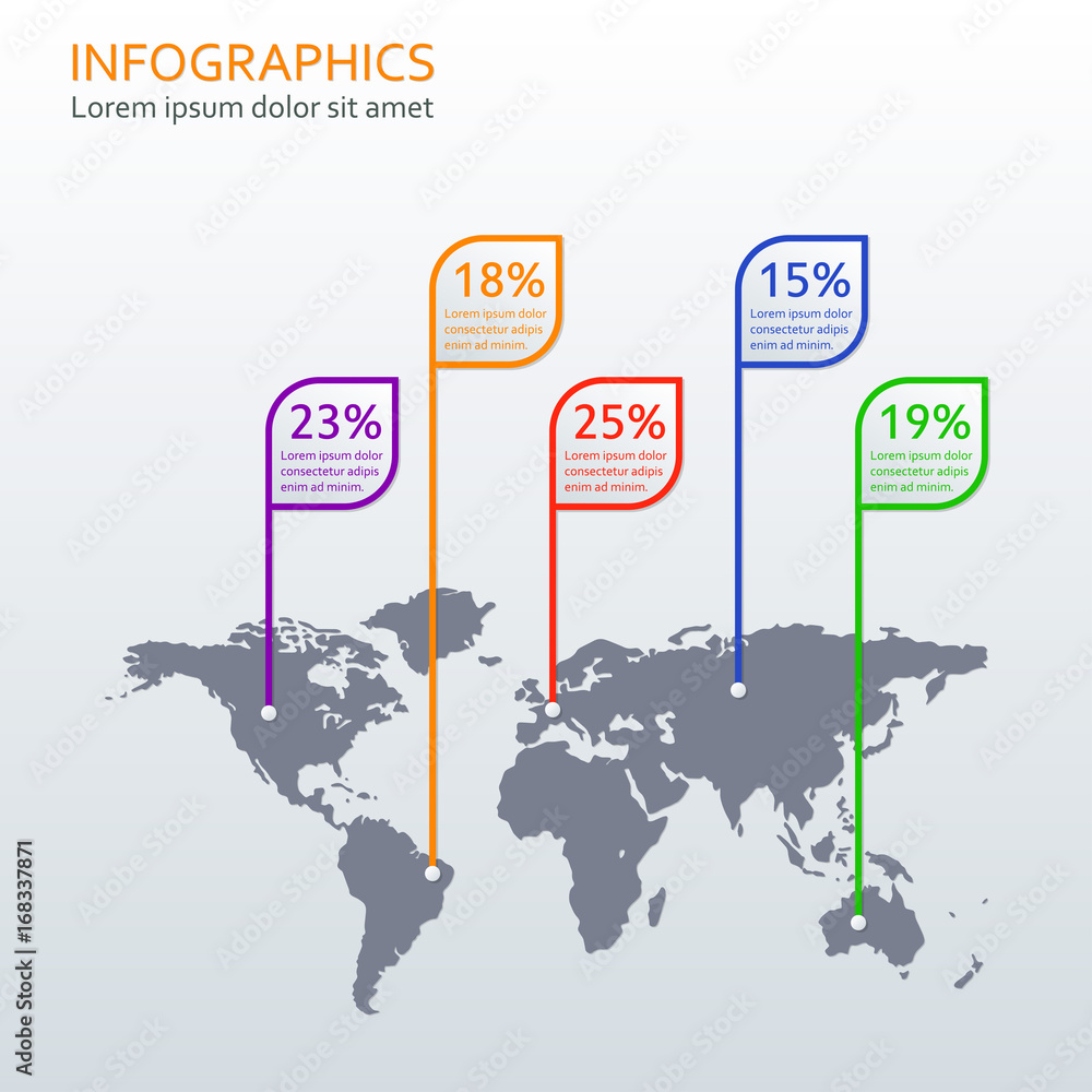 Poster world map infographics template with step by step percent pointers. information and infographics des