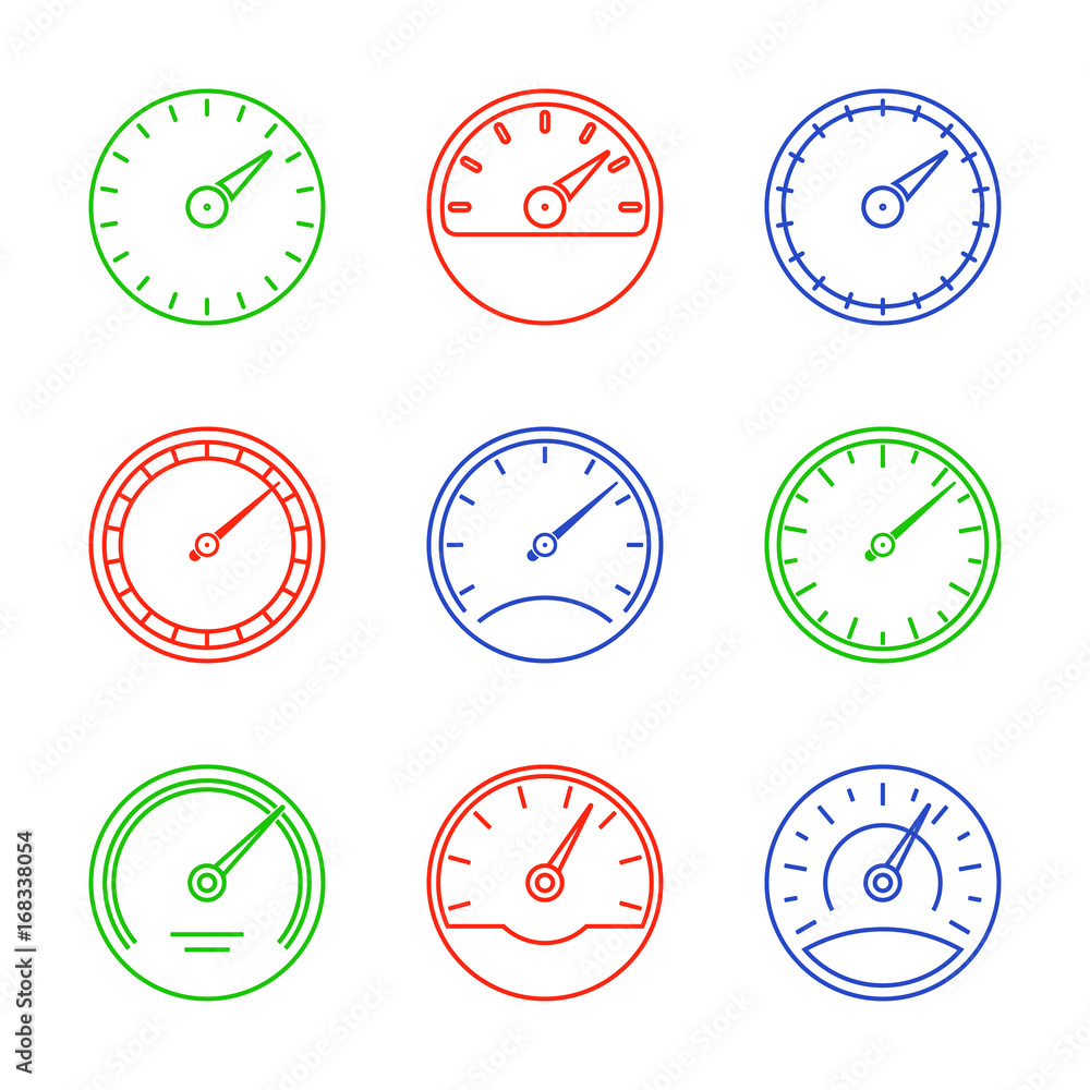 Poster speedometer and meter icon set in line style. dashboard outline signs. vector illustration.