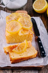 Fototapeta na wymiar Lemon loaf cake with candied lemon slices.
