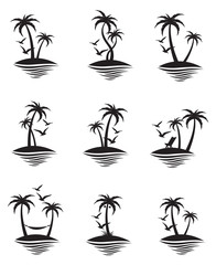 Obraz premium set of icons with palm trees silhouette on island