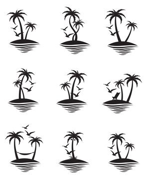set of icons with palm trees silhouette on island