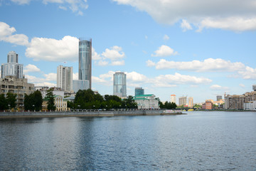 Yekaterinburg city center skyline and Iset river, Russia